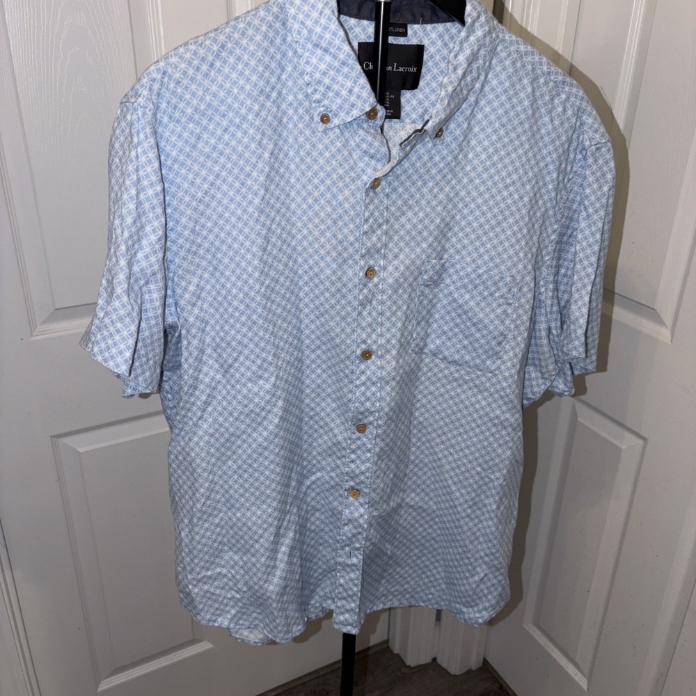 Christian Lacroix‎ Men's 100% Linen Short Sleeve Shirt Blue Geometric Print XL